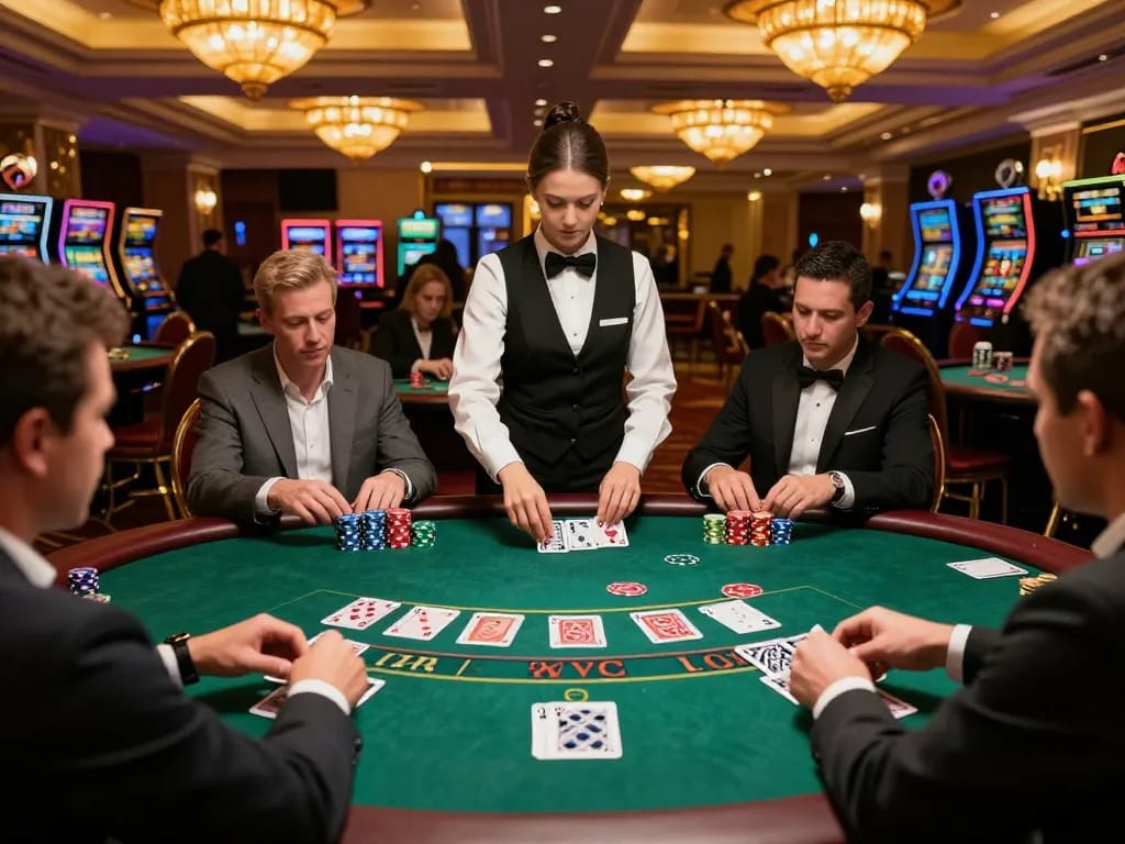 98win players strategizing at a blackjack table, intense gaming action captured in a vibrant casino.