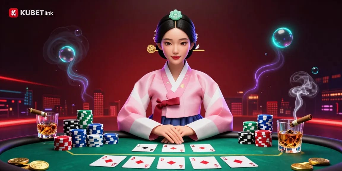 Experience the vibrant energy of KUBET link in this detailed illustration showcasing a casino scene filled with poker elements.
