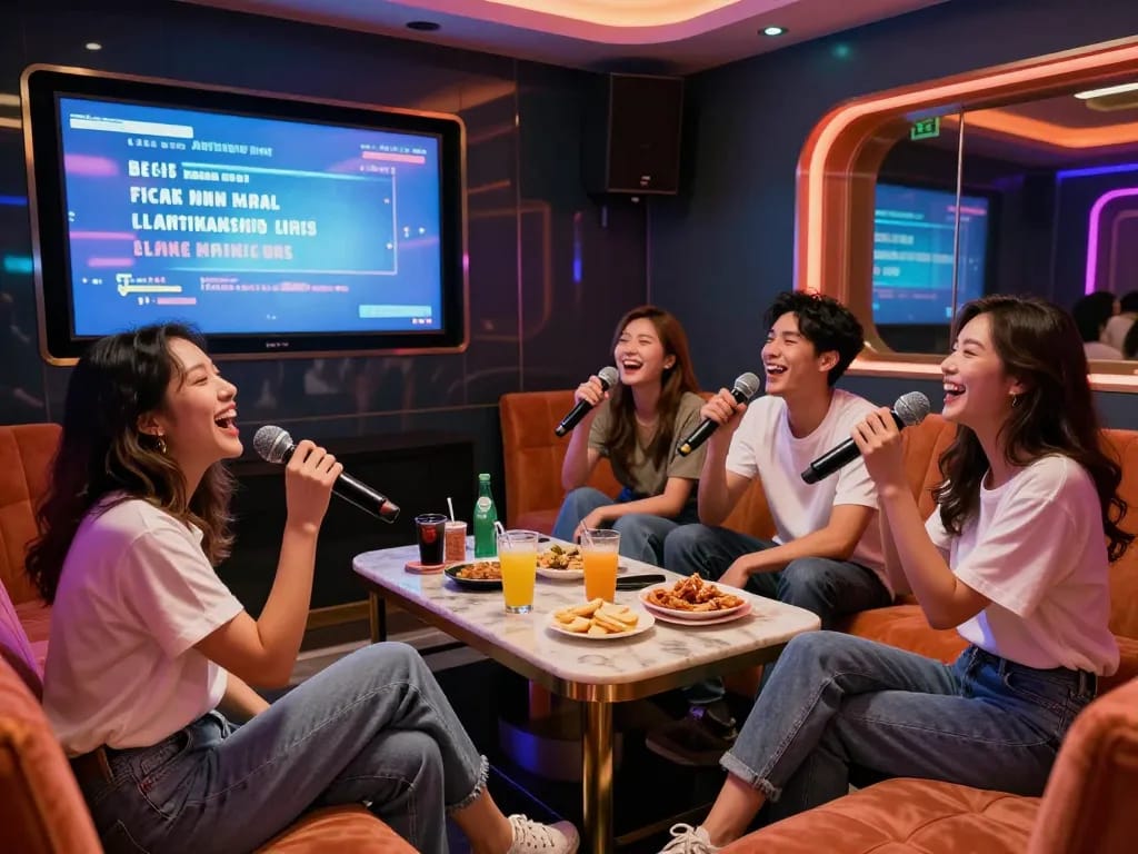 활기찬 조명과 디지털 스크린이 있는 부평쓰리노 방에서 친구들이 노래를 즐기고 있는 모습.