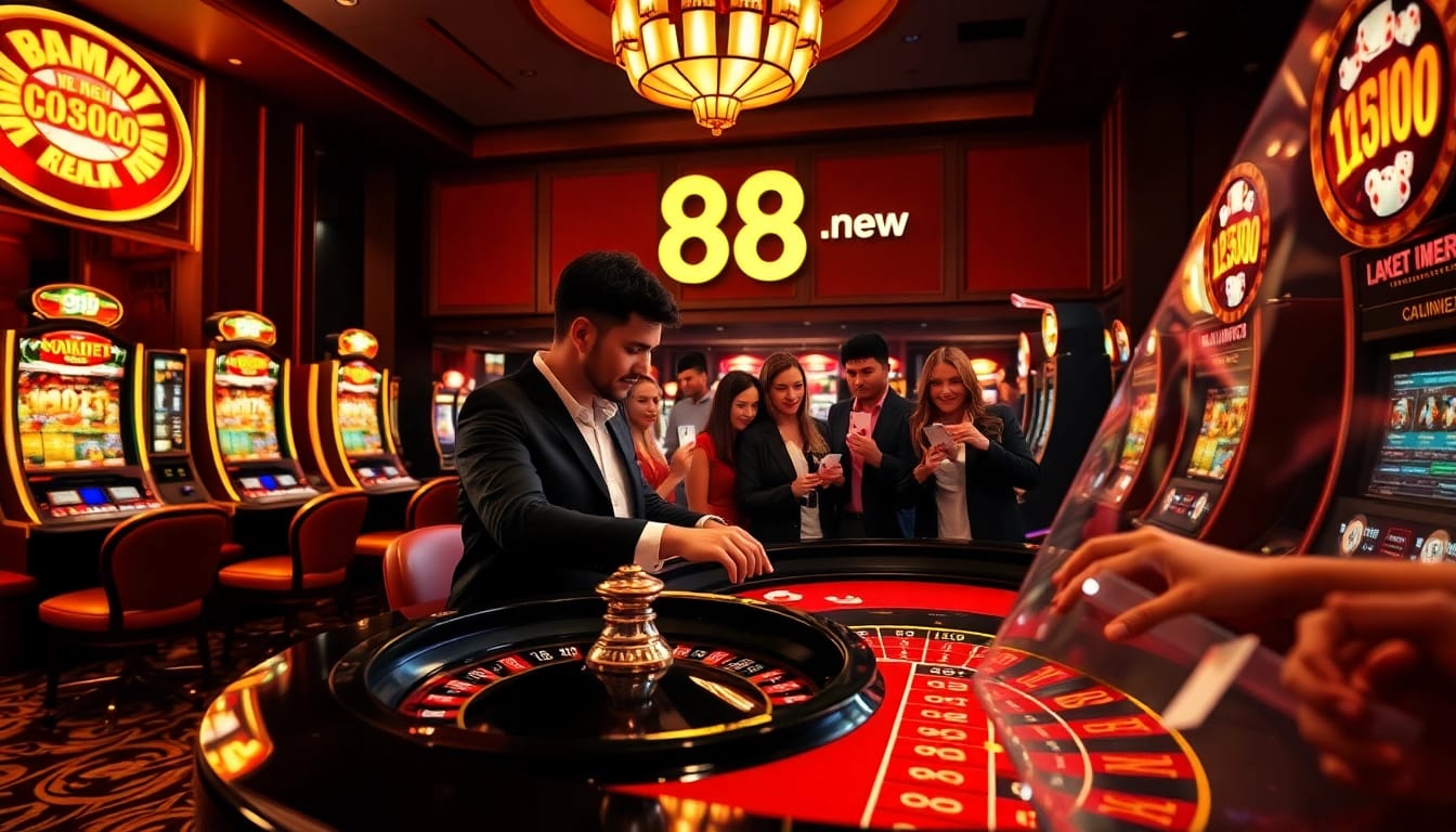 Engaging players at the luxurious casino scene with Liên hệ 888new prominently highlighted, showcasing poker action.