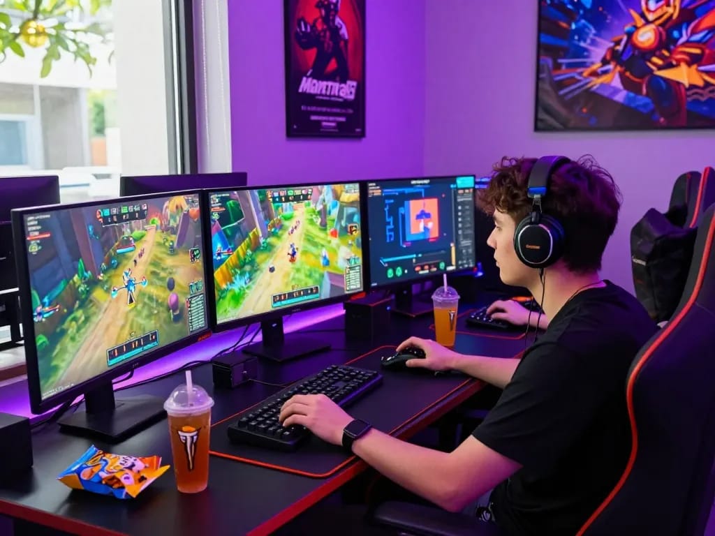 Dynamic gaming setup showcasing mantra88's vibrant online gaming experience with neon accents and multi-genre games.