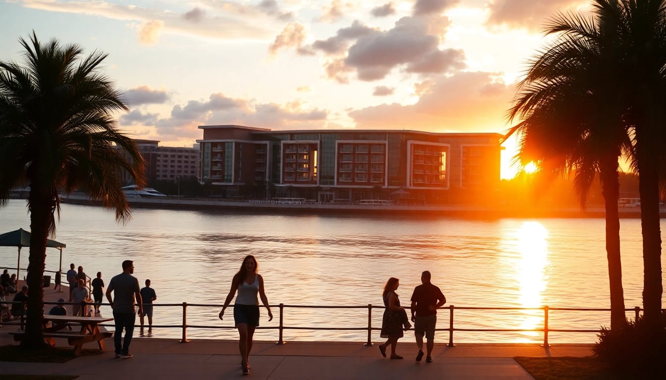 Tampa River Center at sunset, capturing vibrant colors and community life.