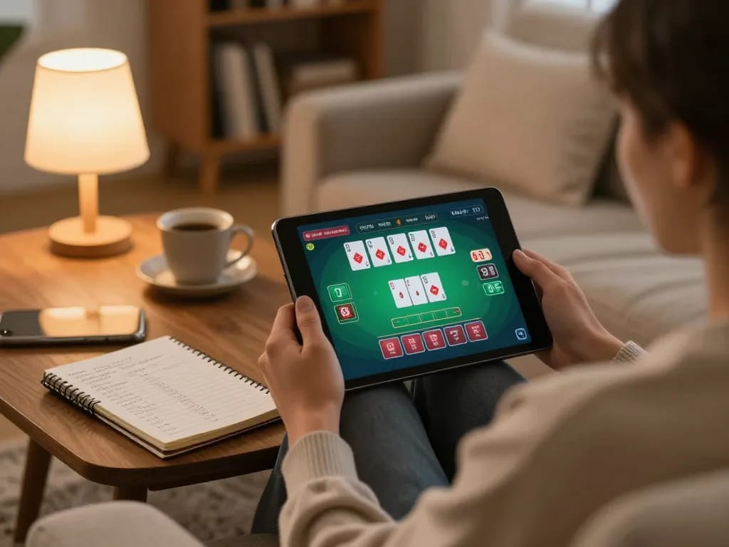 Engaging in online blackjack at https://www.mnm88.com/ with a friendly home setup showcasing strategy notes and relaxing ambiance