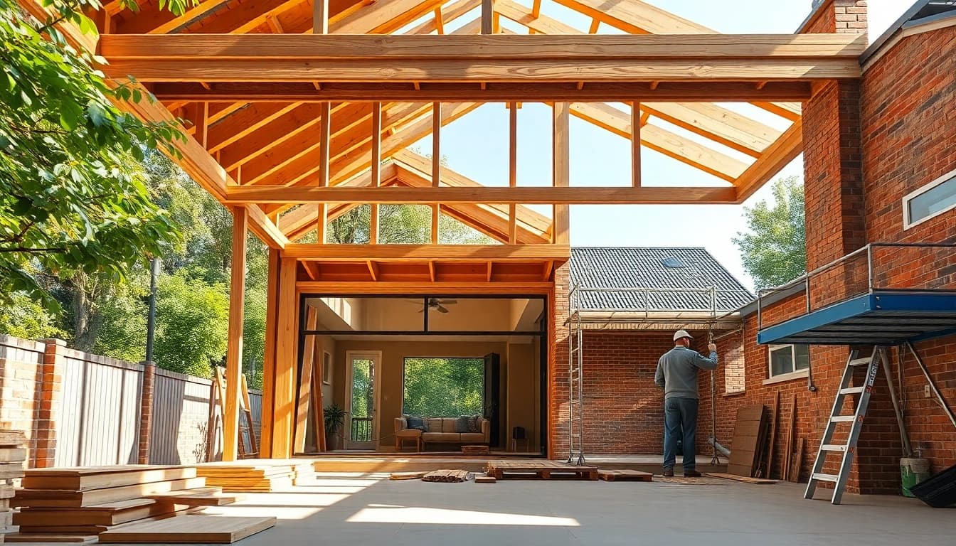House extension construction in Melbourne, showcasing builders at work on a modern design.