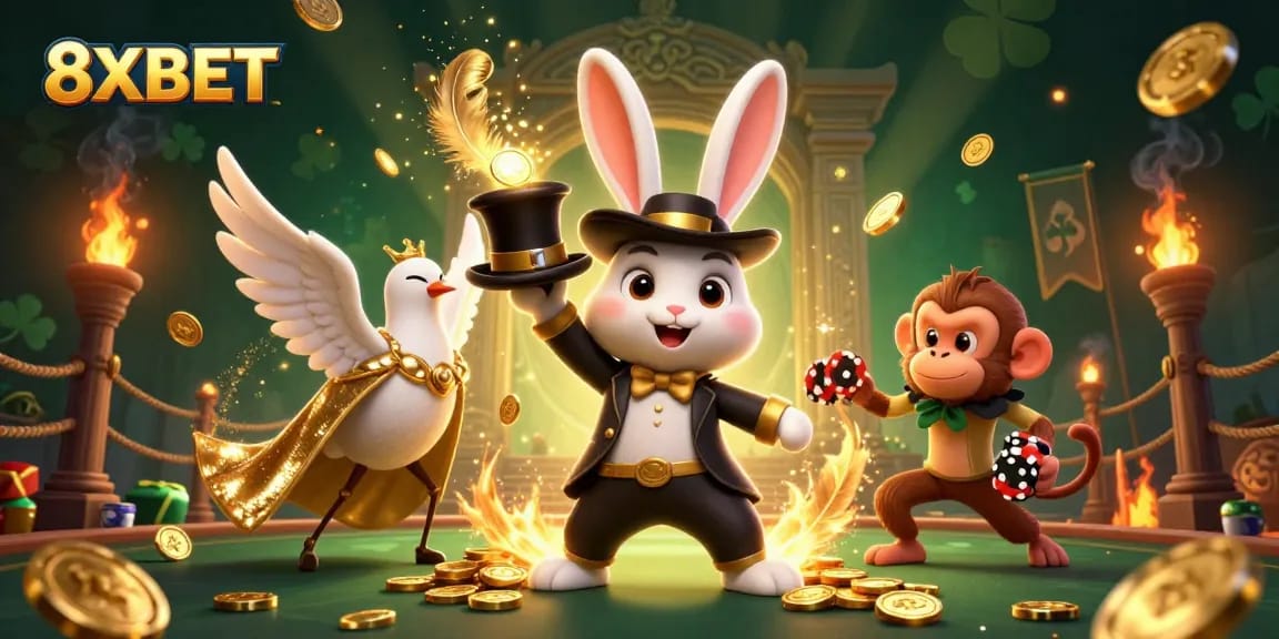 Experience thrilling wins at 8XBET as a magician rabbit conjures coins amid exciting casino elements.