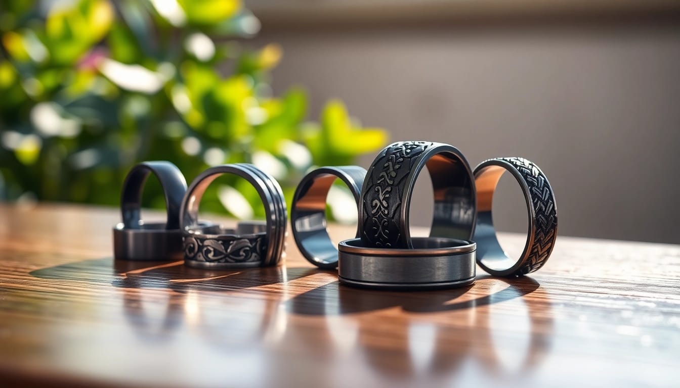 Showcase of Gunmetal Wedding Bands for Men highlighting unique designs and textures against a natural backdrop.