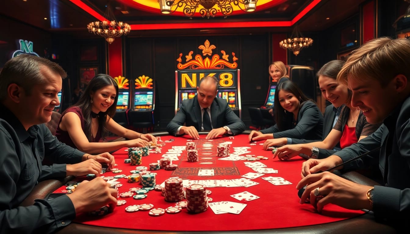 Engage in exciting NK88 casino gameplay around a luxurious poker table filled with vibrant chips and cards.