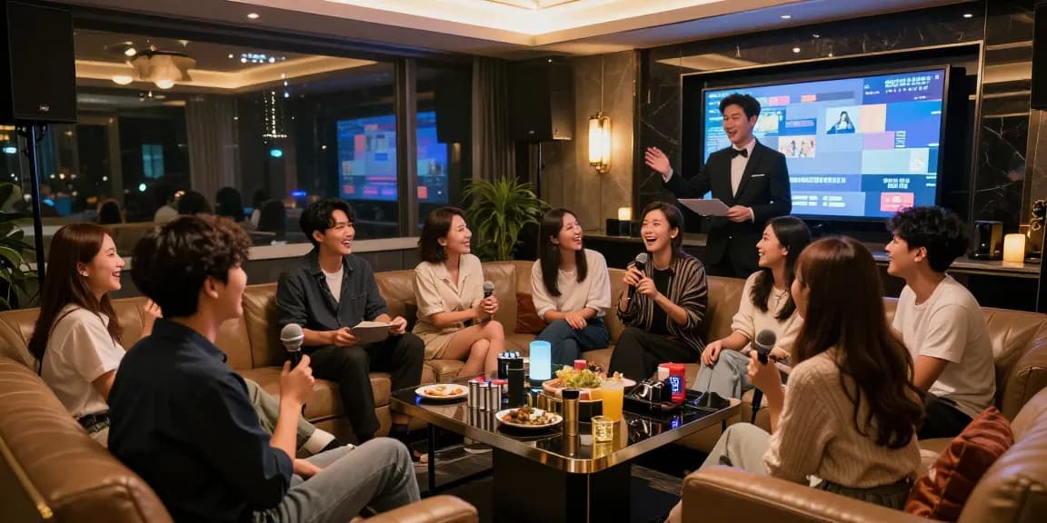 강남쩜오에서 친구들과 즐거운 시간을 보내는 프리미엄 가라오케 라운지 장면
