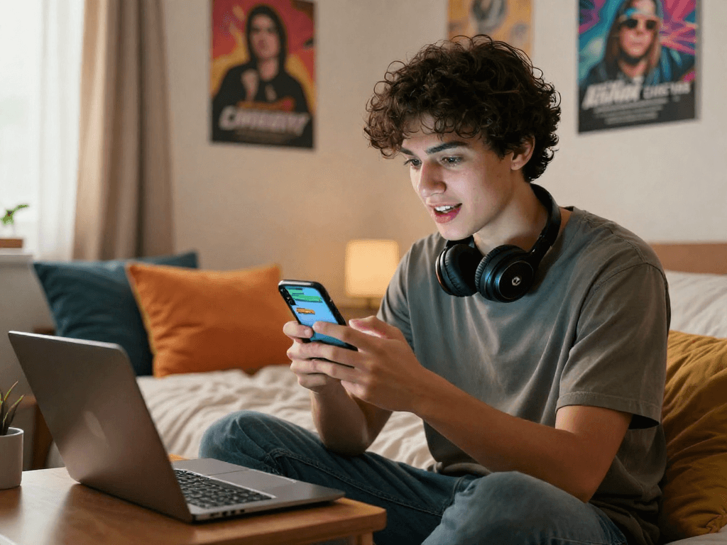 User engaging with an nsfw chat bot in a cozy bedroom setting, reflecting modern digital interactions.