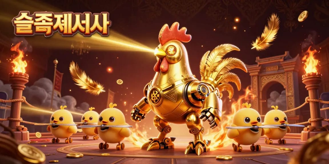 슬롯사이트에서 화려한 슬롯 머신 게임을 즐기는 로봇과 아기 병아리 드론들의 환상적인 장면입니다.