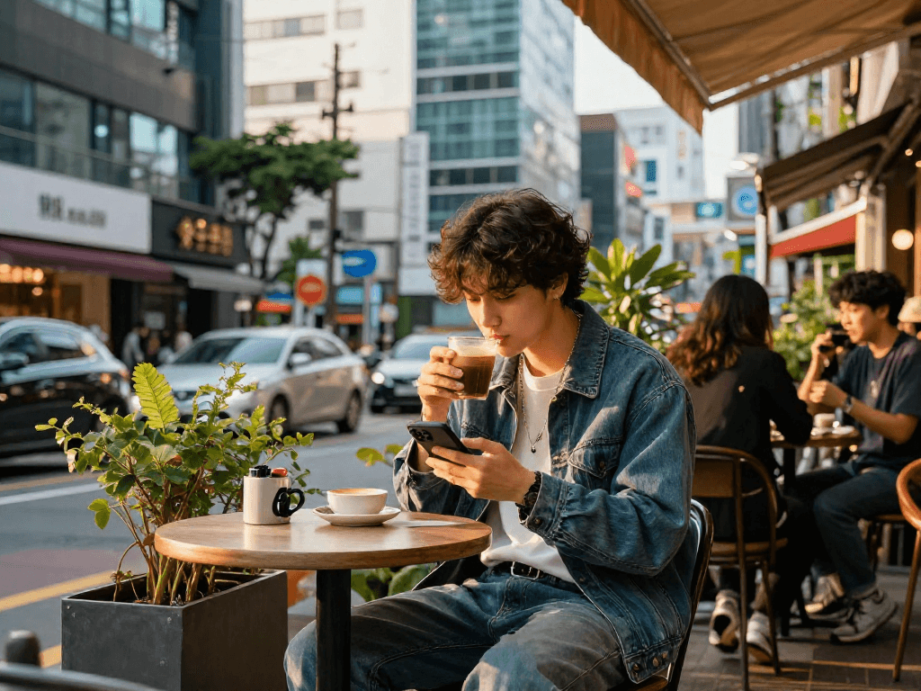 강남쩜오에서 스타일리시한 개인이 커피를 즐기는 도시 풍경