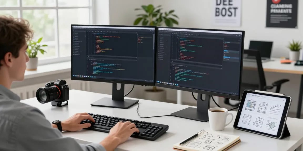 Engaging tech workspace scene showcasing coding and collaborative work at 纸飞机官网, demonstrating productivity and innovation in a modern office.