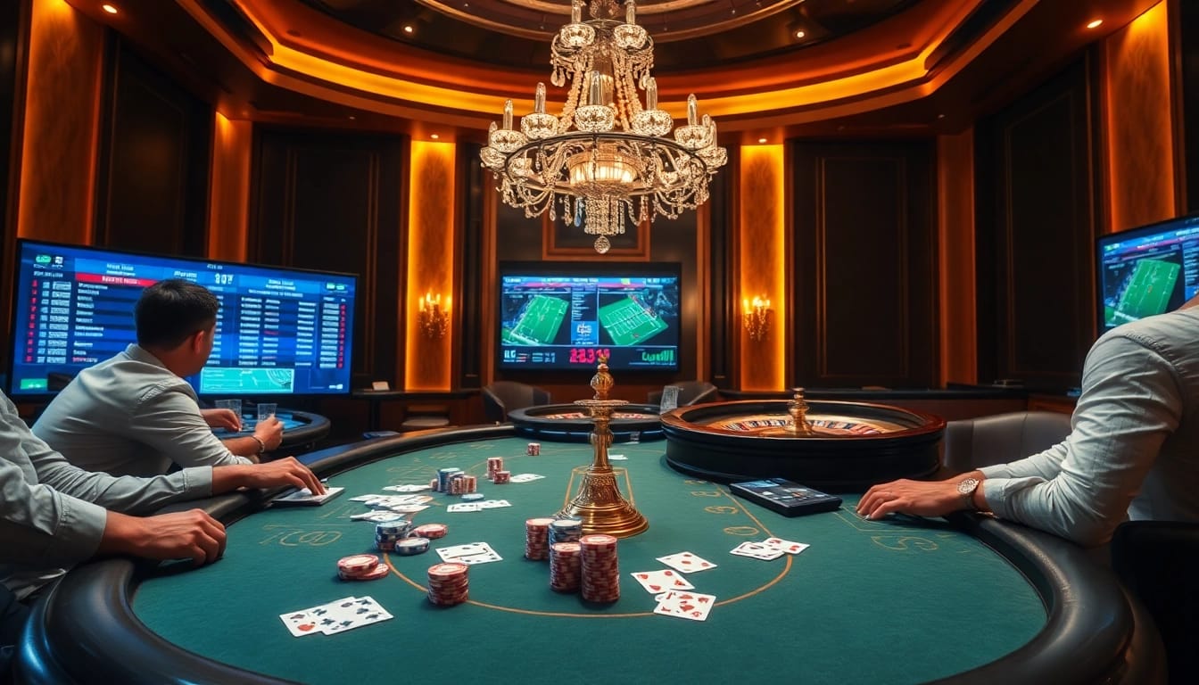 Exciting live casino experience at EK333 with poker table, roulette wheel, and dynamic odds displays.