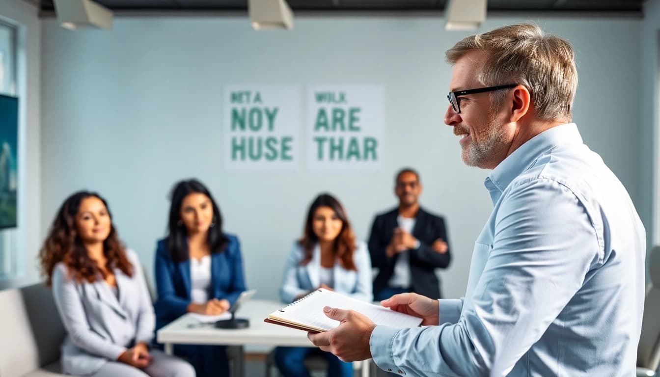 Public Speaking Coach guiding aspiring speakers in an engaging workshop setting.