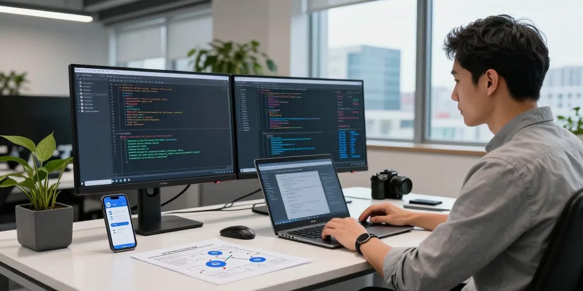 IT specialist examining security protocols on shs-dome5.com with dual monitors and tech setup