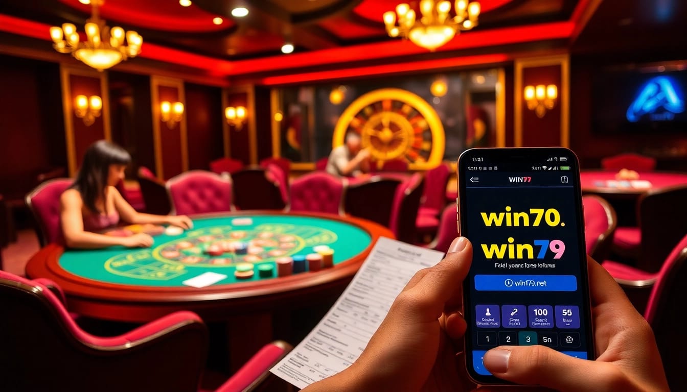 Exciting poker game scene at win79.net, showcasing colorful chips, cards, and a roulette wheel