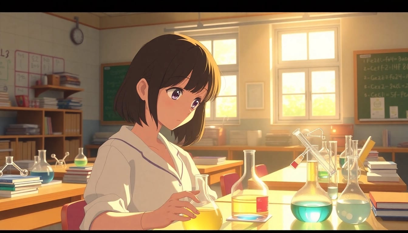 放課後化学クラブを探索する:科学に没頭する十代の少女がいる静かな化学実験室の風景。
