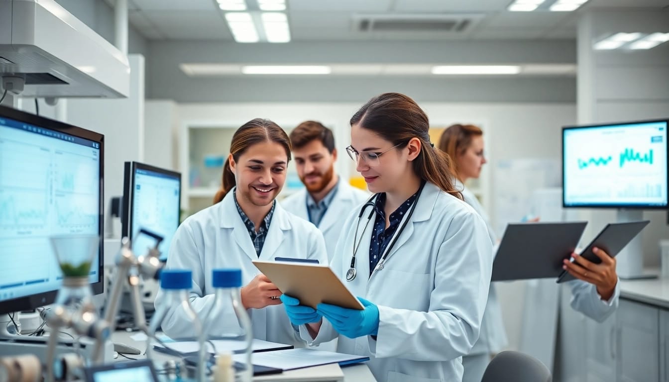 Researchers actively engaged in the ADAPTABLE Aspirin Study, showcasing collaboration in a modern lab environment.