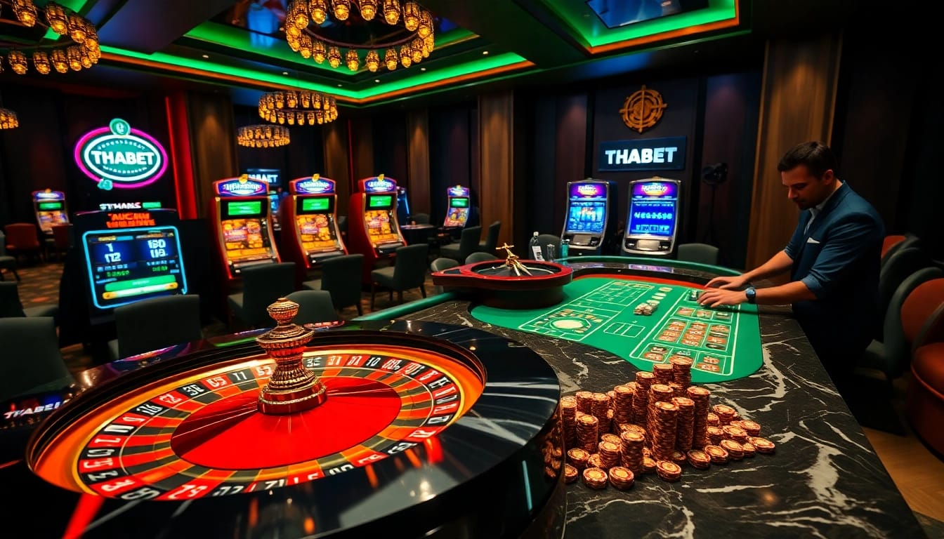 Action-packed scene at THABET casino, featuring roulette wheel and excited players.
