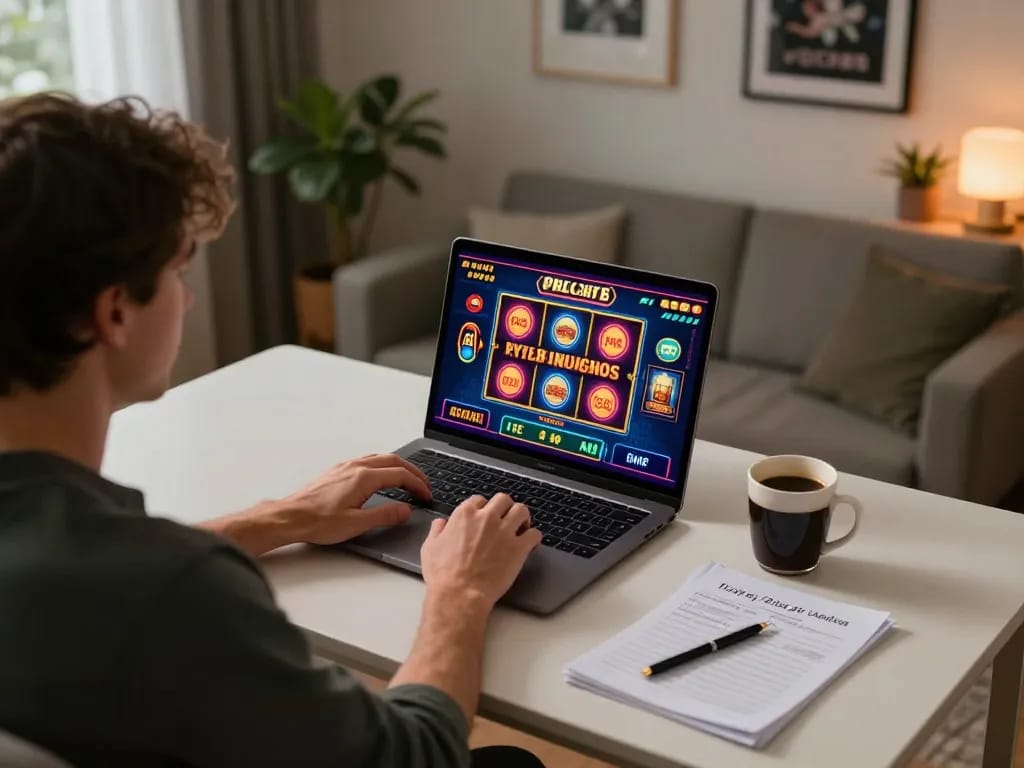 Engaging in an online casino game to claim a Free casino bonus with colorful graphics displayed on the laptop.