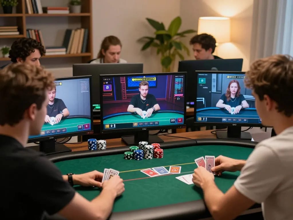Engaged players strategizing in an online poker game at shbet com, captured in a cozy home office.