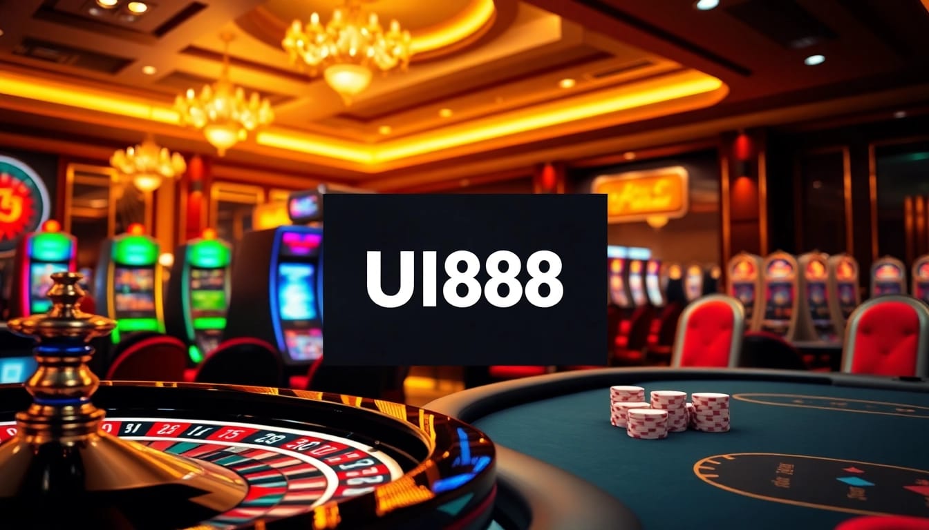 Experience the excitement of UU88 through a luxurious casino scene with roulette and poker tables.