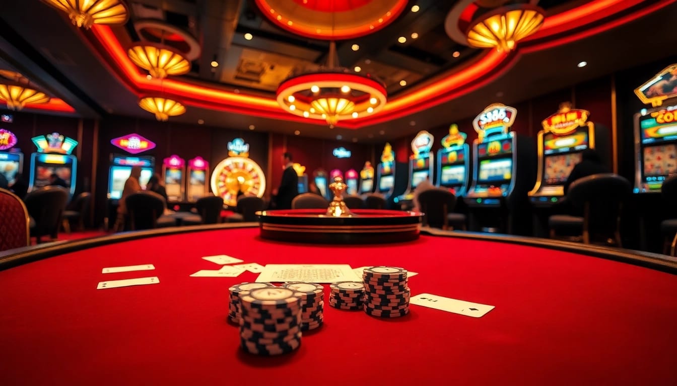 Experience the thrilling s88 gameplay at an elegant casino, featuring luxurious tables, vibrant chips, and excited players.