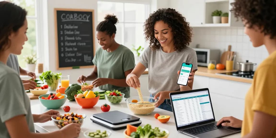 The best macro tracking app displayed as individuals meal prep healthy ingredients in a vibrant kitchen.