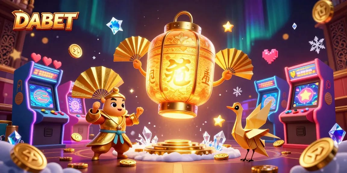 DABET reveals a vibrant casino scene with a glowing lantern spirit and gaming machines, celebrating online gambling.