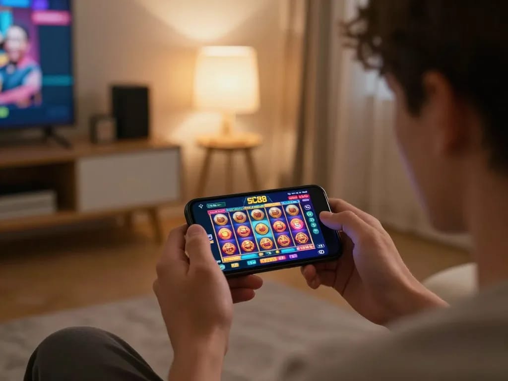 Engaging gameplay on SC88 casino app, featuring vibrant slot graphics on smartphone screen.