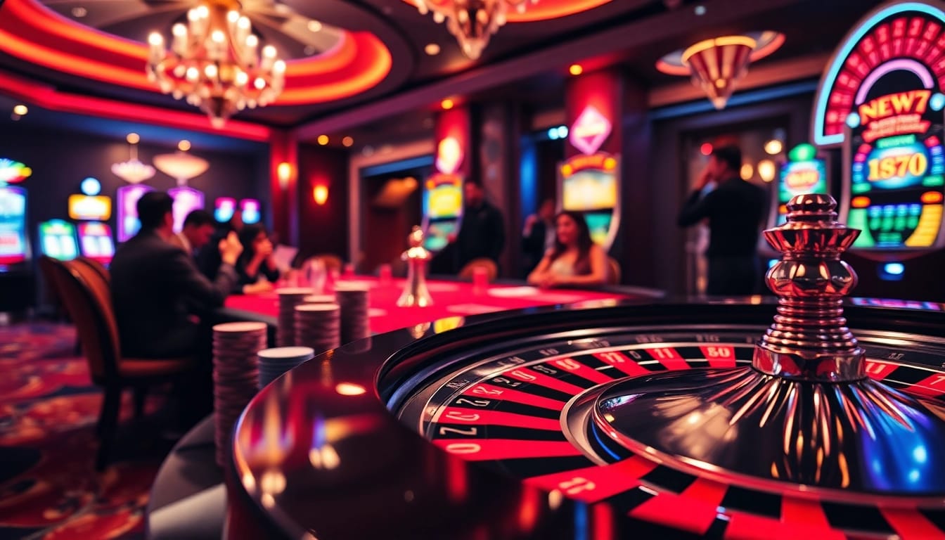 Players enjoying a game at a new77 slot machine in a luxurious casino atmosphere.