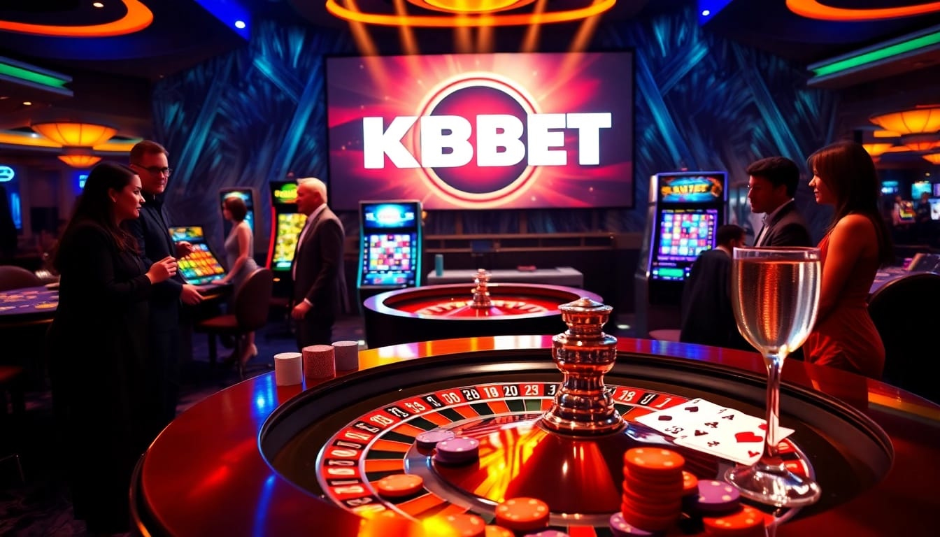 KBBET casino scene featuring a luxury roulette table with vibrant chips and engaged players.