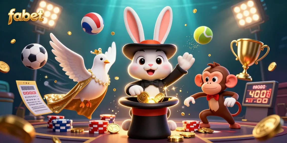 Experience the magic of fabet with a magician rabbit, dove, and monkey amidst exciting gaming elements.