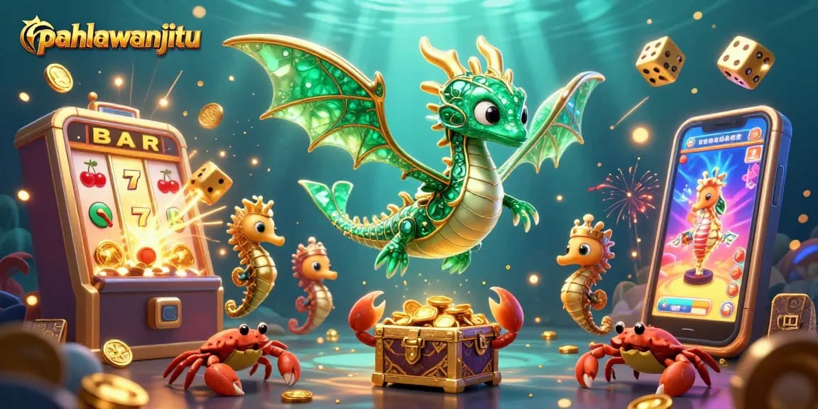 Pahlawanjitu’s vibrant casino world with sea dragon, slot machines and treasure awaits gamers.