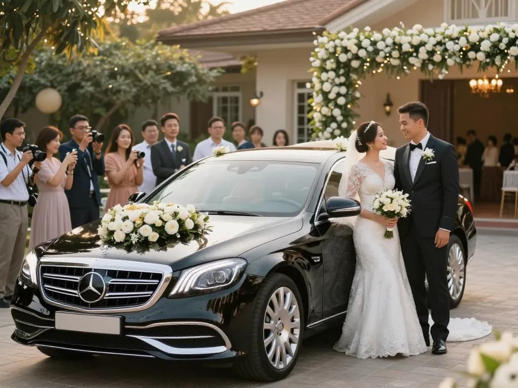 Thuê một chiếc Mercedes sang trọng cho ngày cưới của bạn, với một cặp đôi thanh lịch bên chiếc xe được trang trí đẹp mắt.