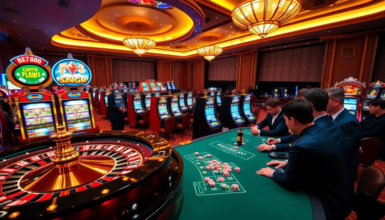 Experience the thrills at BET88's casino with players engaging at tables and machines.