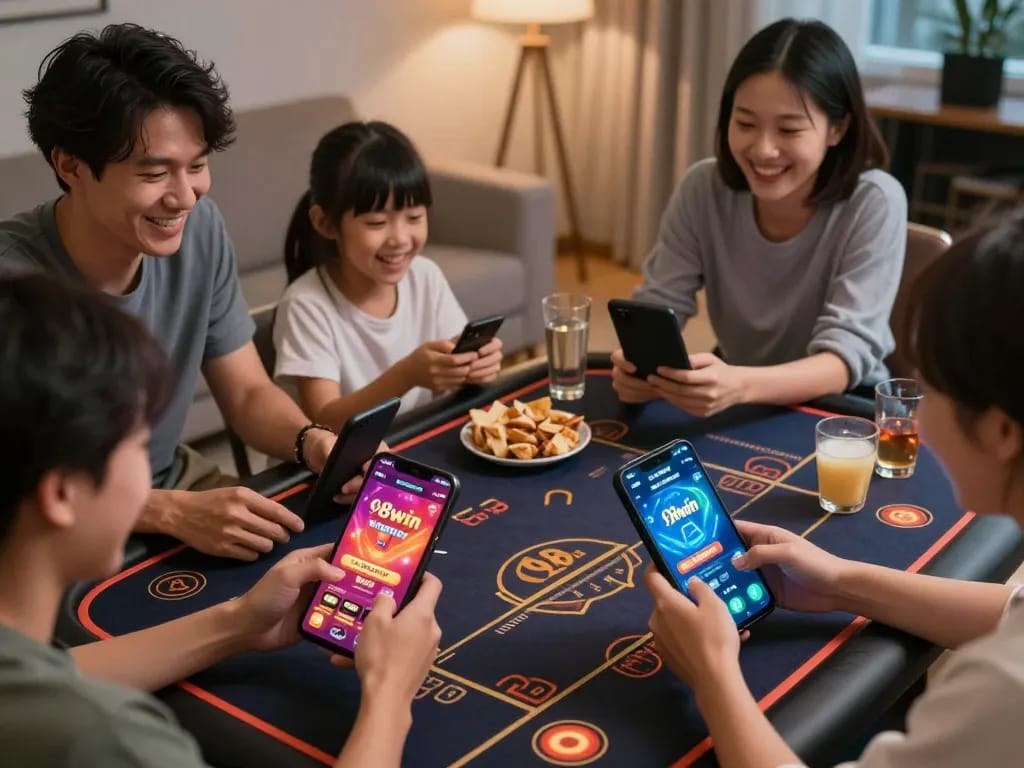 Players enjoying mobile casino games at home on 98win app, combining fun gameplay and strategic interaction.
