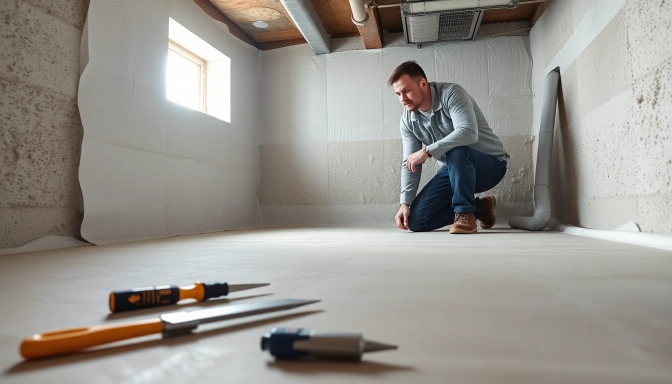 Crawl Space Restoration process with technician inspecting a clean space highlighting tools.