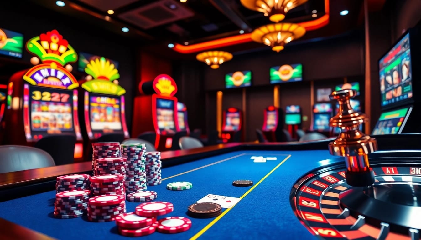 Experience excitement with MMOO's vibrant online casino scene featuring poker chips and slot machines.