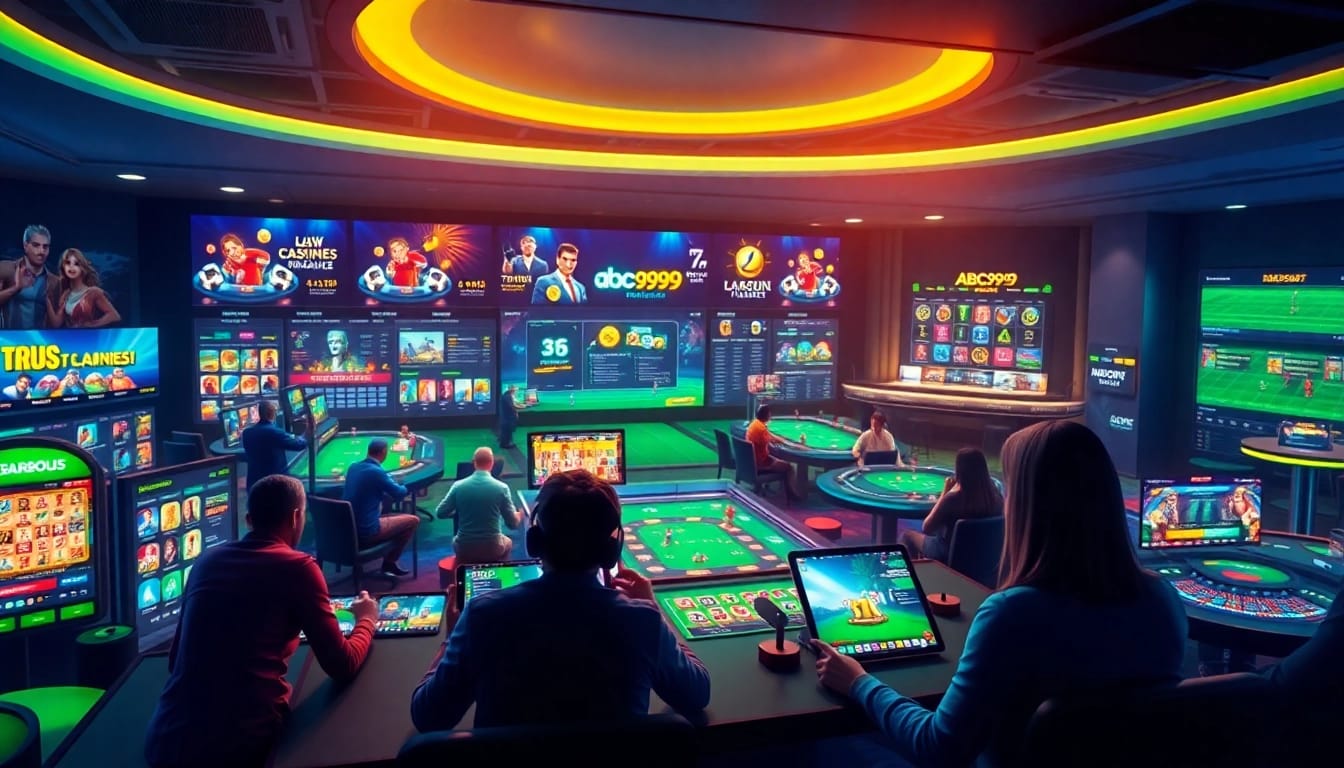 ABC999 online betting platform showcasing vibrant slot games and live casino tables.