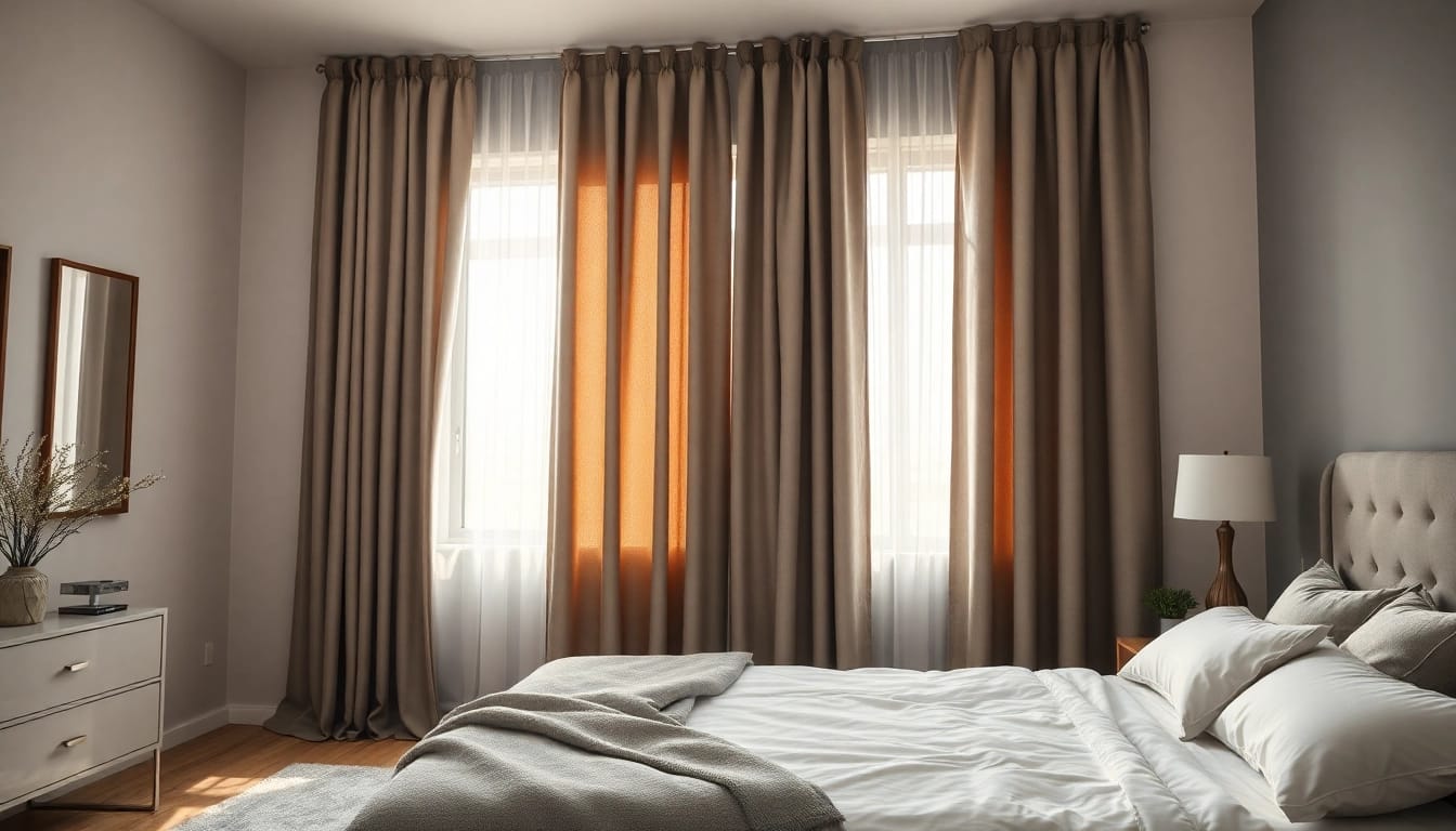 Verduisterende gordijnen in serene slaapkamer helpen bij het creëren van privacy