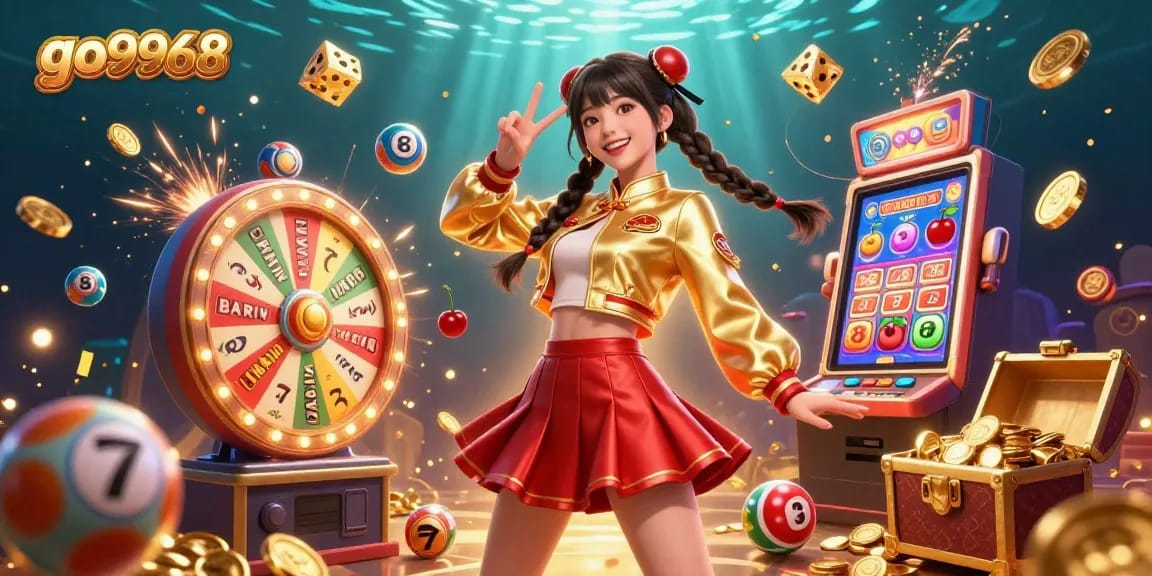 Engage with go9968's vibrant casino scene featuring a lively Asian woman amidst thrilling gambling elements.