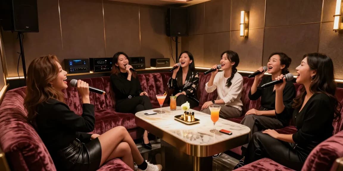 강남가라오케에서 즐거운 시간을 보내는 손님과 고급 음향 장비가 있는 세련된 룸
