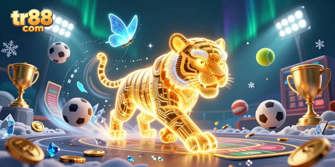 Experience the vibrant thrills of tr88 com with a golden tiger in a dynamic casino scene.