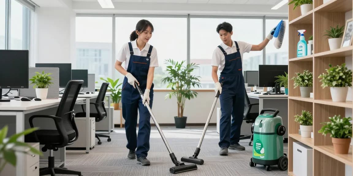 Professionelle Gebäudereinigungsfirma Dortmund reinigt ein modernes Büro mit umweltfreundlichen Produkten.