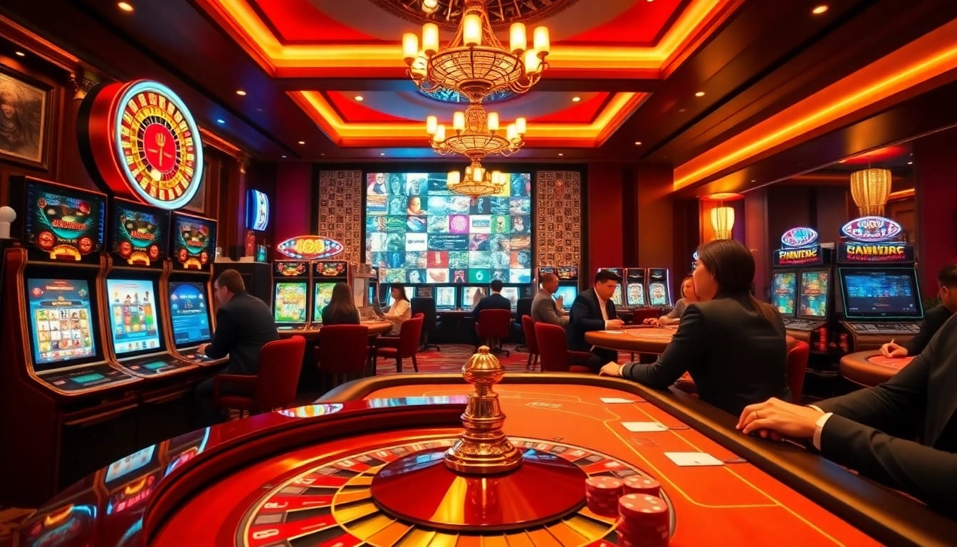 Action-packed casino scene with players enjoying uu88 games, featuring roulette, slots, and poker.