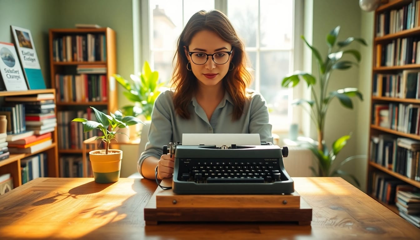 Engaging journalist typing on a vintage typewriter, embodying the spirit of https://www.unsustainablemagazine.com.