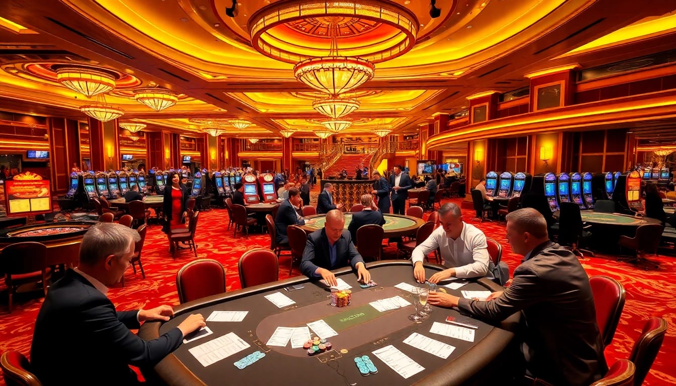 Dynamic KP88 casino scene featuring excited players and vibrant gaming tables.