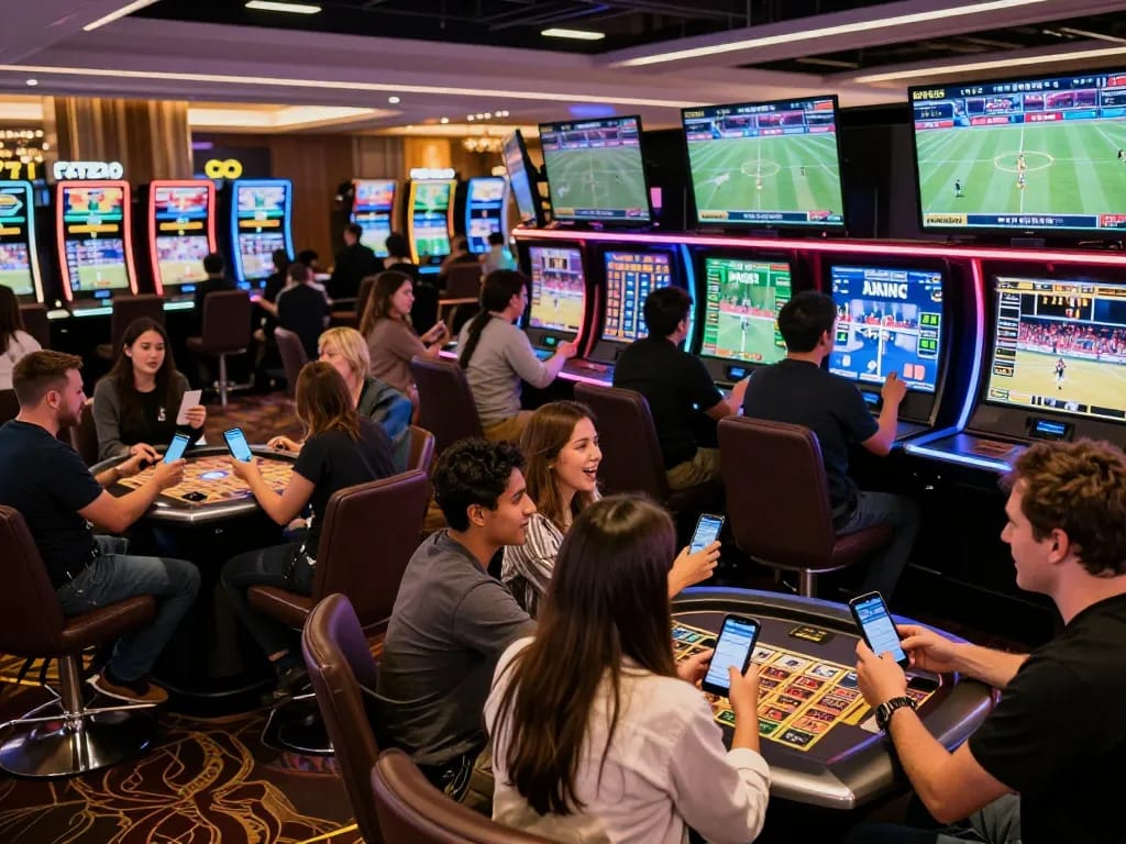 Sin88 sports betting action with enthusiastic bettors using mobile apps in a modern casino
