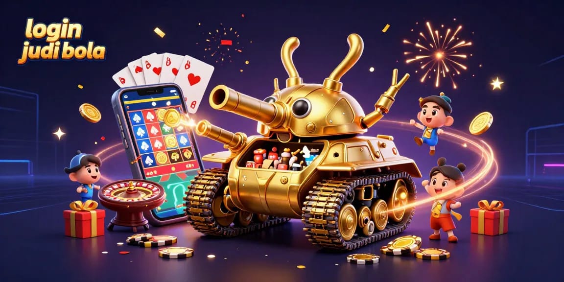 Experience login judi bola with a vibrant 3D illustration showcasing a golden beetle tank mini casino, lively game elements, and festive confetti.